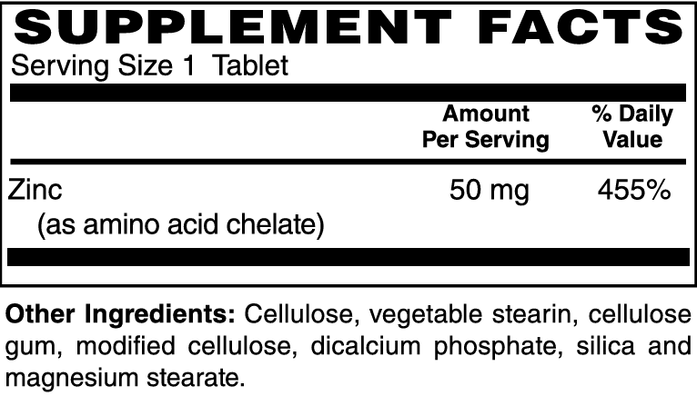 Chelated Zinc 50mg Tablets #100