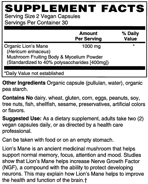Organic Lion's Mane Mushroom Capsules #60