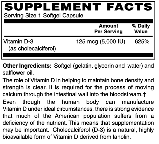 Vitamin D-3 5000 IU Softgels #100