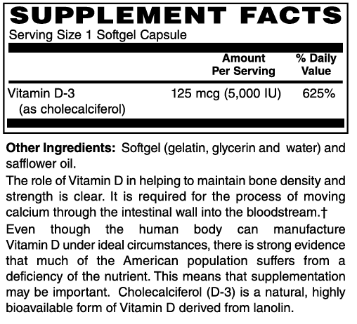 Vitamin D-3  5000 IU Softgels  #100